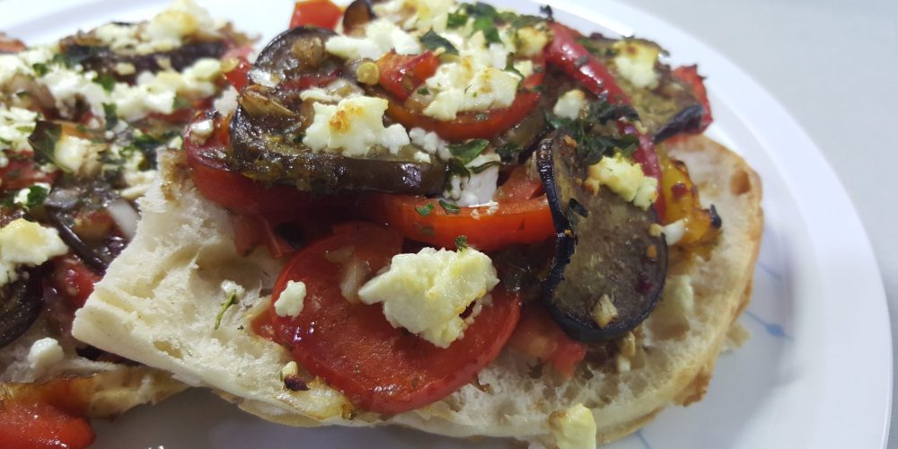 Toasted Garlic Turkish Bread with Roasted Vegetables and Feta